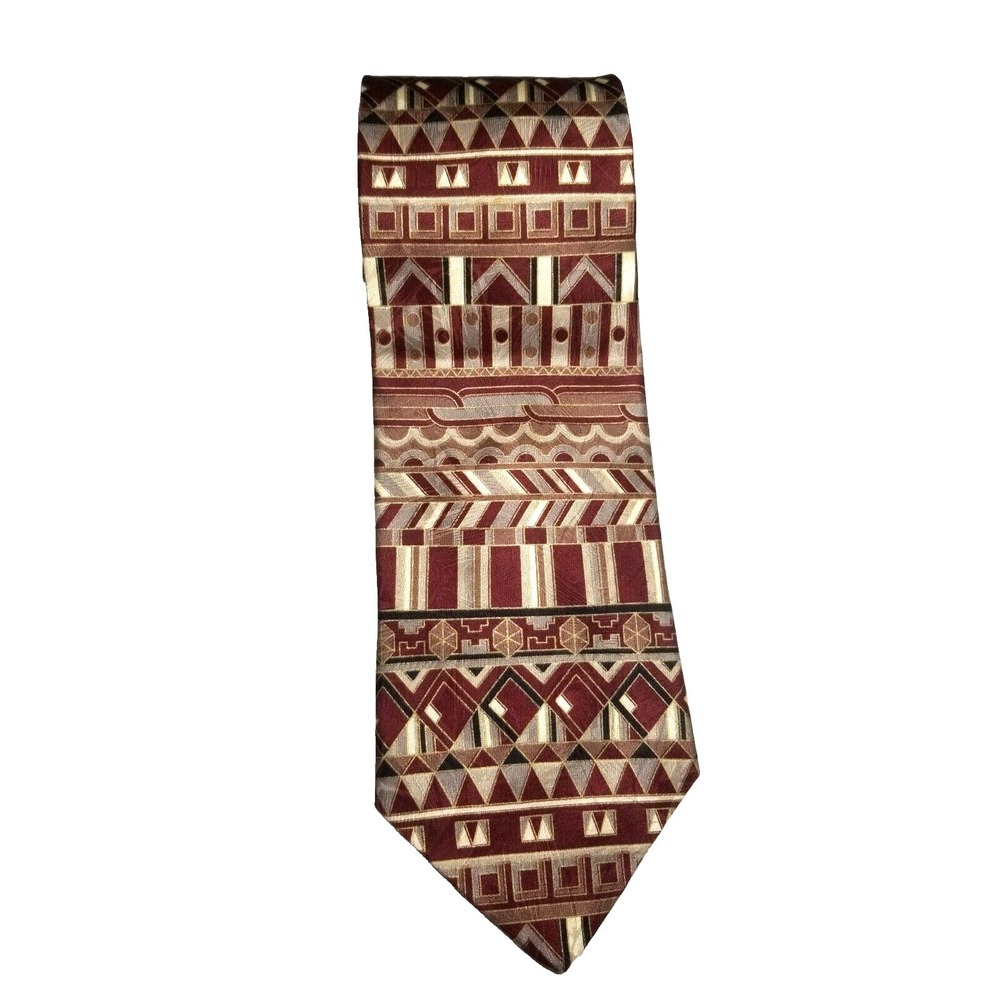 Gianfranco Ruffini 100% Italian Silk Geometric Burgundy/Tan/Gold‎ Tie
